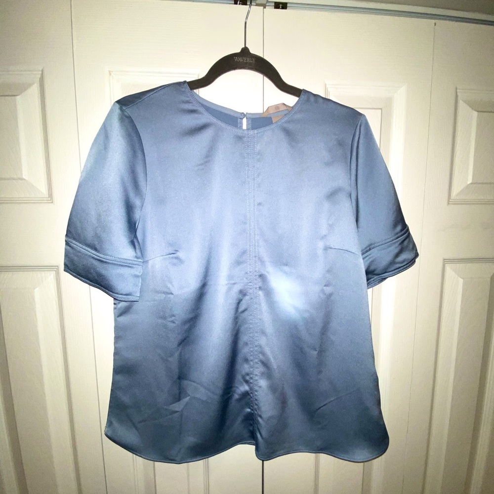 Light blue satin short sleeve blouse